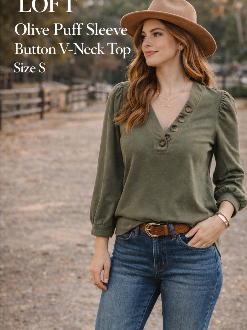 LOFT Olive Green Puff Sleeve Button V-Neck Top Size S